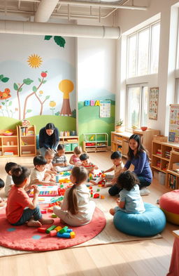 A warm and inviting early childhood care and development center, filled with colorful educational toys and learning materials