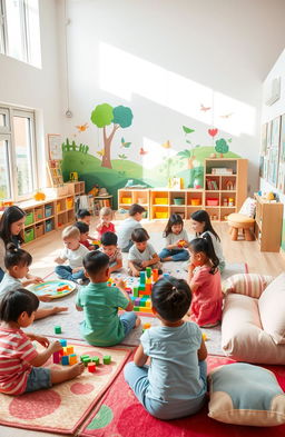 A warm and inviting early childhood care and development center, filled with colorful educational toys and learning materials