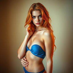 A semi-naked young woman with striking blue eyes and vibrant orange hair, wearing stylish blue underwear