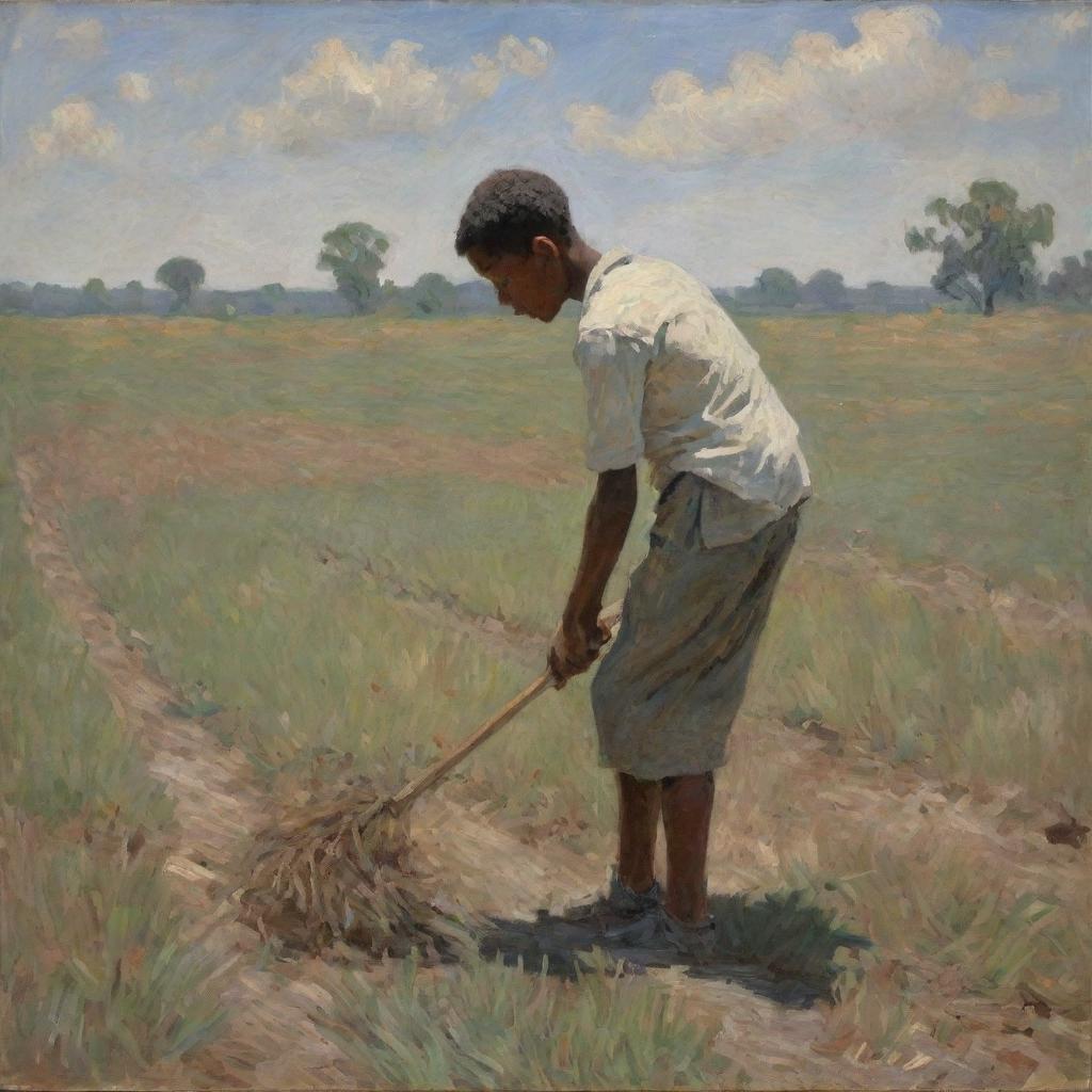 In the style of Claude Monet, an African American boy toils in a field, exuding sadness. His clothes are worn and the landscape is captured in impressionistic strokes, reflecting the somber mood. His burdened posture and expression carry the weight of harsh labor.