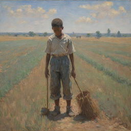 In the style of Claude Monet, an African American boy toils in a field, exuding sadness. His clothes are worn and the landscape is captured in impressionistic strokes, reflecting the somber mood. His burdened posture and expression carry the weight of harsh labor.