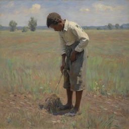 In the style of Claude Monet, an African American boy toils in a field, exuding sadness. His clothes are worn and the landscape is captured in impressionistic strokes, reflecting the somber mood. His burdened posture and expression carry the weight of harsh labor.