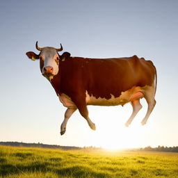 The same healthy cow now leaping elegantly over a radiant sun against a beautiful clear sky