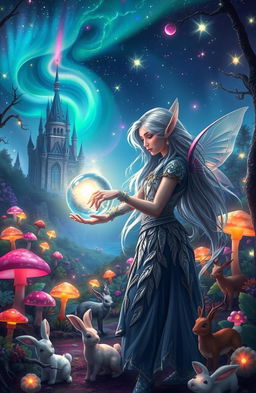 A whimsical fantasy scene featuring a vibrant, enchanted forest filled with glowing mushrooms and sparkling fairy lights