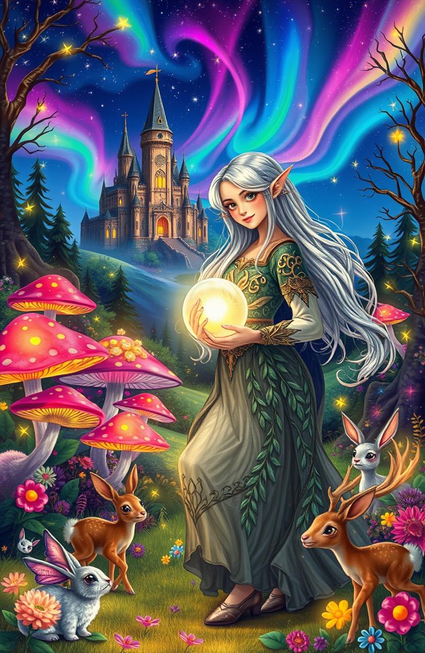 A whimsical fantasy scene featuring a vibrant, enchanted forest filled with glowing mushrooms and sparkling fairy lights