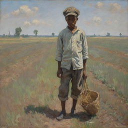 In the style of Claude Monet, an African American boy toils in a field, exuding sadness. His clothes are worn and the landscape is captured in impressionistic strokes, reflecting the somber mood. His burdened posture and expression carry the weight of harsh labor.