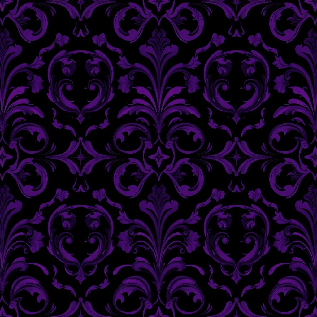 A mesmerizing dark-themed pattern design featuring rich shades of purple and deep black, with intricate swirling shapes and organic motifs