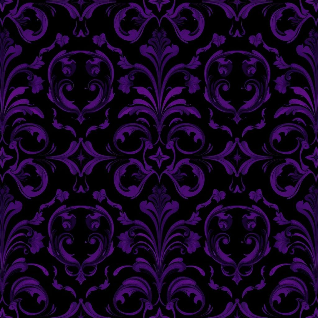 A mesmerizing dark-themed pattern design featuring rich shades of purple and deep black, with intricate swirling shapes and organic motifs