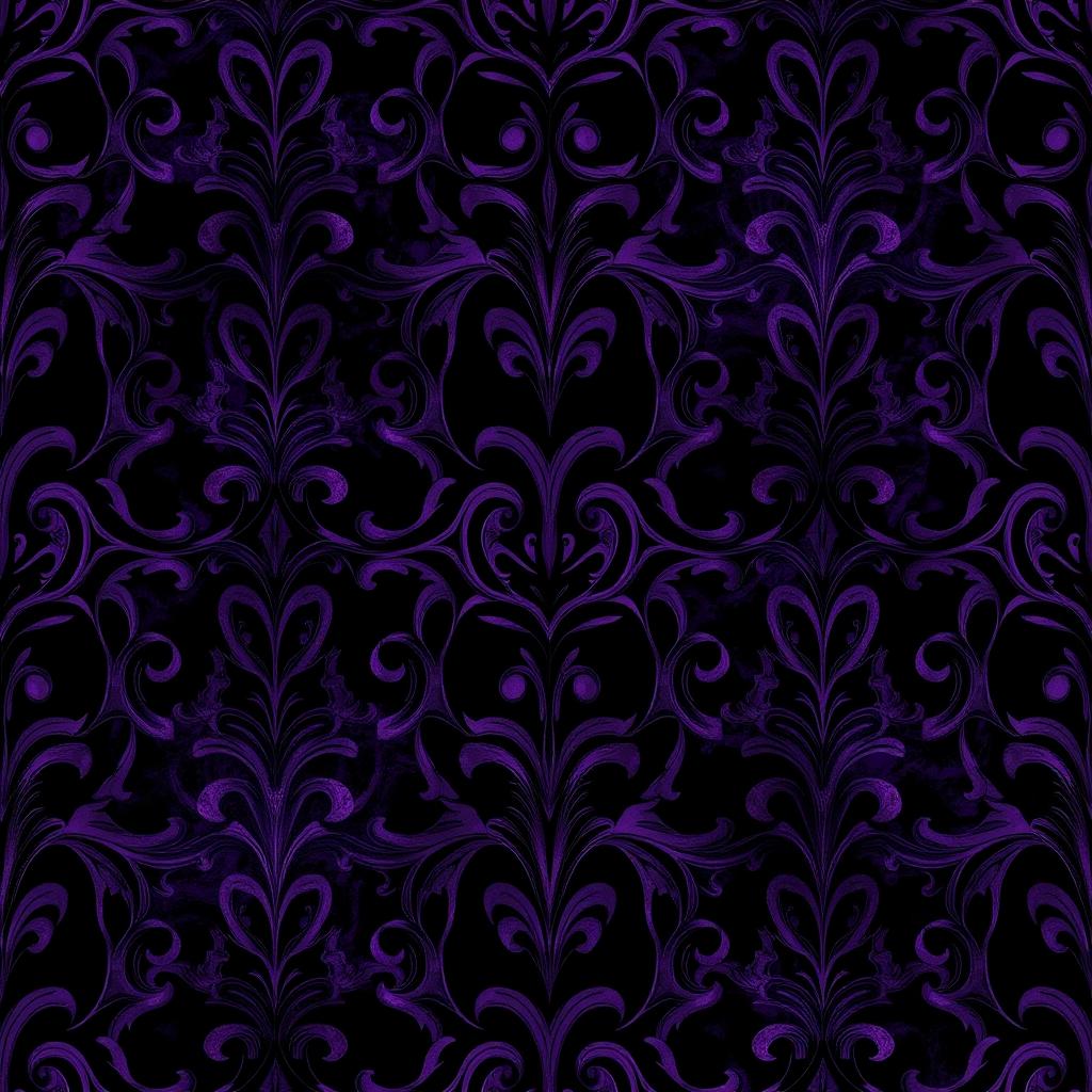 A mesmerizing dark-themed pattern design featuring rich shades of purple and deep black, with intricate swirling shapes and organic motifs