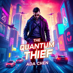 An eye-catching book cover design for 'The Quantum Thief' by Ada Chen, featuring a vibrant cyberpunk cityscape illuminated with neon lights