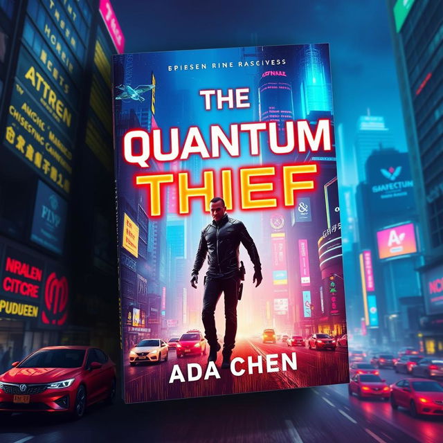 An eye-catching book cover design for 'The Quantum Thief' by Ada Chen, featuring a vibrant cyberpunk cityscape illuminated with neon lights