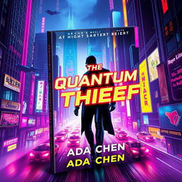 An eye-catching book cover design for 'The Quantum Thief' by Ada Chen, featuring a vibrant cyberpunk cityscape illuminated with neon lights