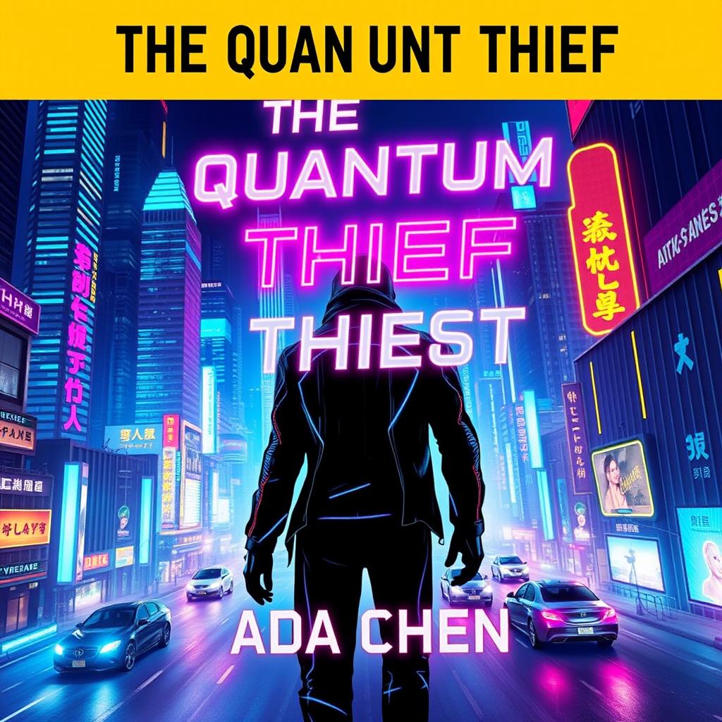 An eye-catching book cover design for 'The Quantum Thief' by Ada Chen, featuring a vibrant cyberpunk cityscape illuminated with neon lights