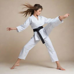 A fierce girl with flowing wolfcut hair performing a dynamic Taekwondo kick on a light, neutral background.