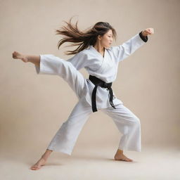 A fierce girl with flowing wolfcut hair performing a dynamic Taekwondo kick on a light, neutral background.