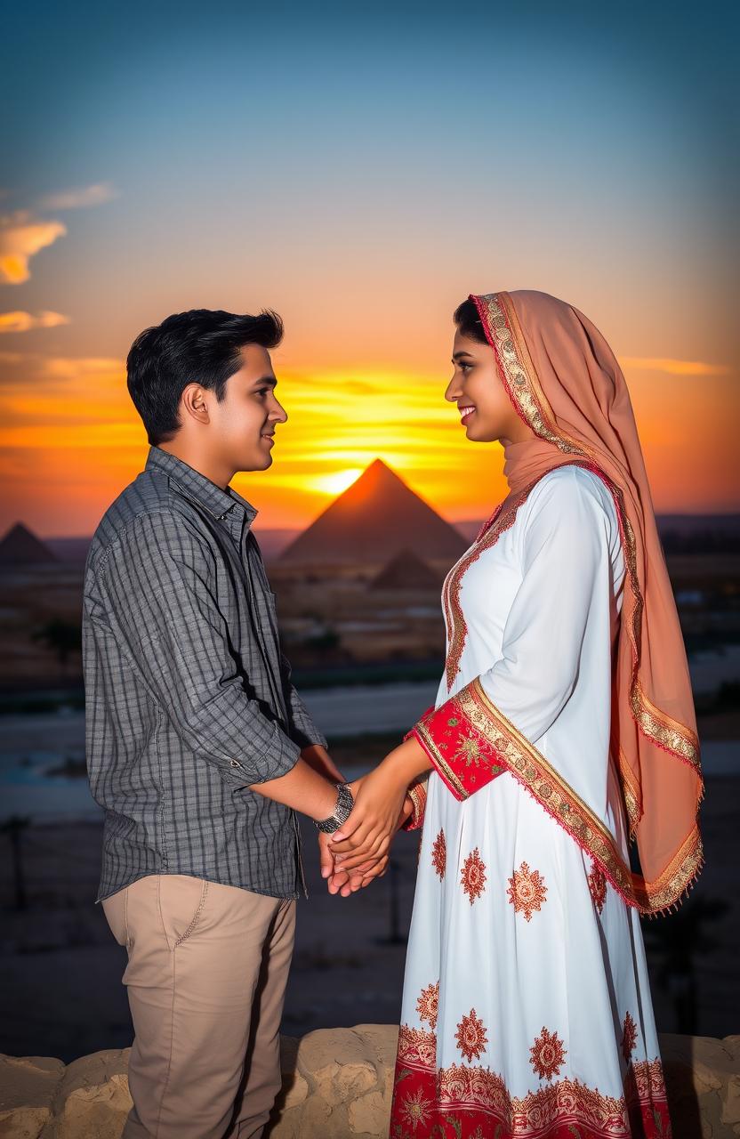 A touching scene of a Christian boy and an Arab girl in love, set in a picturesque location in Egypt