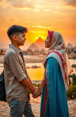 A touching scene of a Christian boy and an Arab girl in love, set in a picturesque location in Egypt