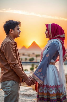 A touching scene of a Christian boy and an Arab girl in love, set in a picturesque location in Egypt