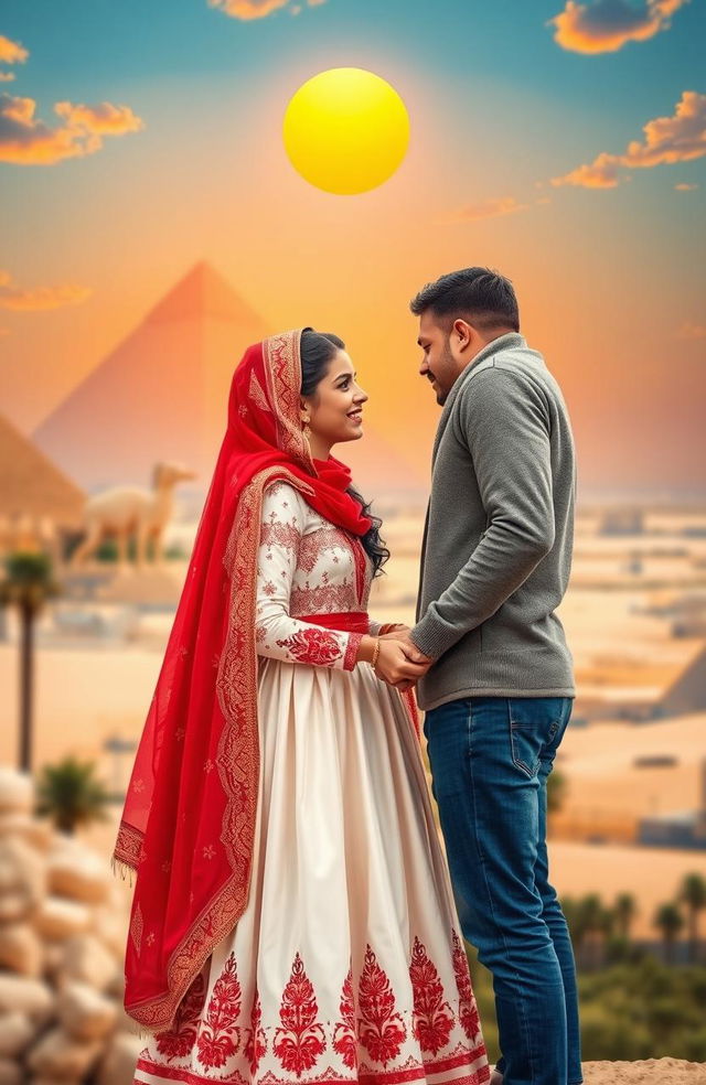 A touching scene of a Christian boy and an Arab girl in love, set in a picturesque location in Egypt