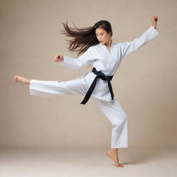 A fierce girl with flowing wolfcut hair performing a dynamic Taekwondo kick on a light, neutral background.