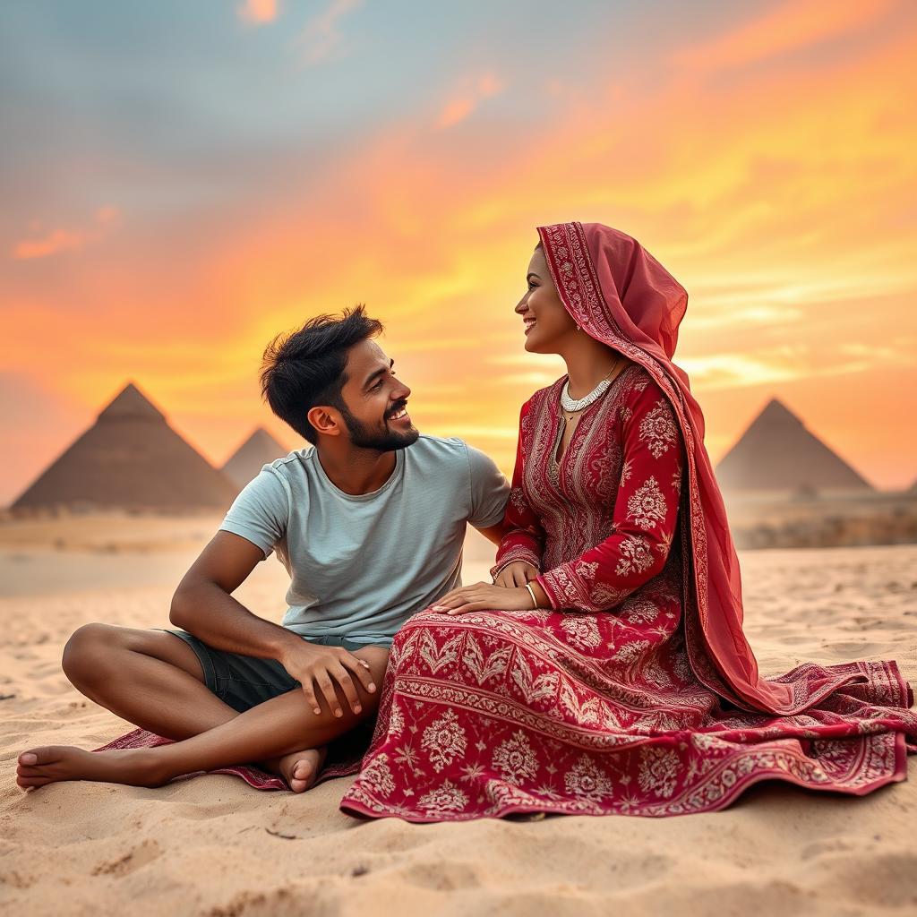 A romantic scene featuring an American boy and an Arab girl in love, set against the stunning backdrop of Egypt