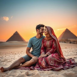 A romantic scene featuring an American boy and an Arab girl in love, set against the stunning backdrop of Egypt