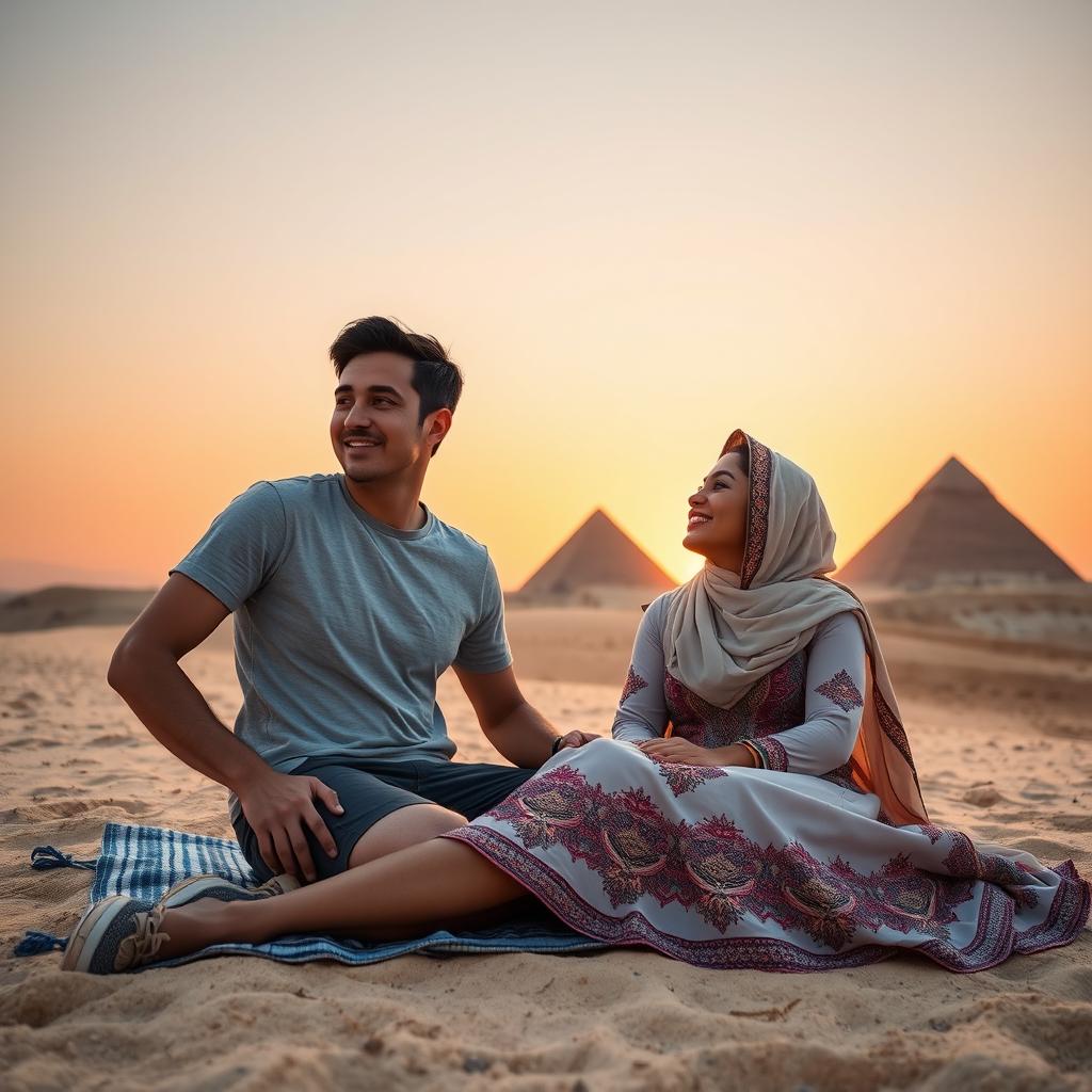 A romantic scene featuring an American boy and an Arab girl in love, set against the stunning backdrop of Egypt