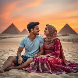 A romantic scene featuring an American boy and an Arab girl in love, set against the stunning backdrop of Egypt