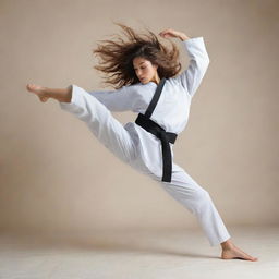 A fierce girl with flowing wolfcut hair performing a dynamic Taekwondo kick on a light, neutral background.