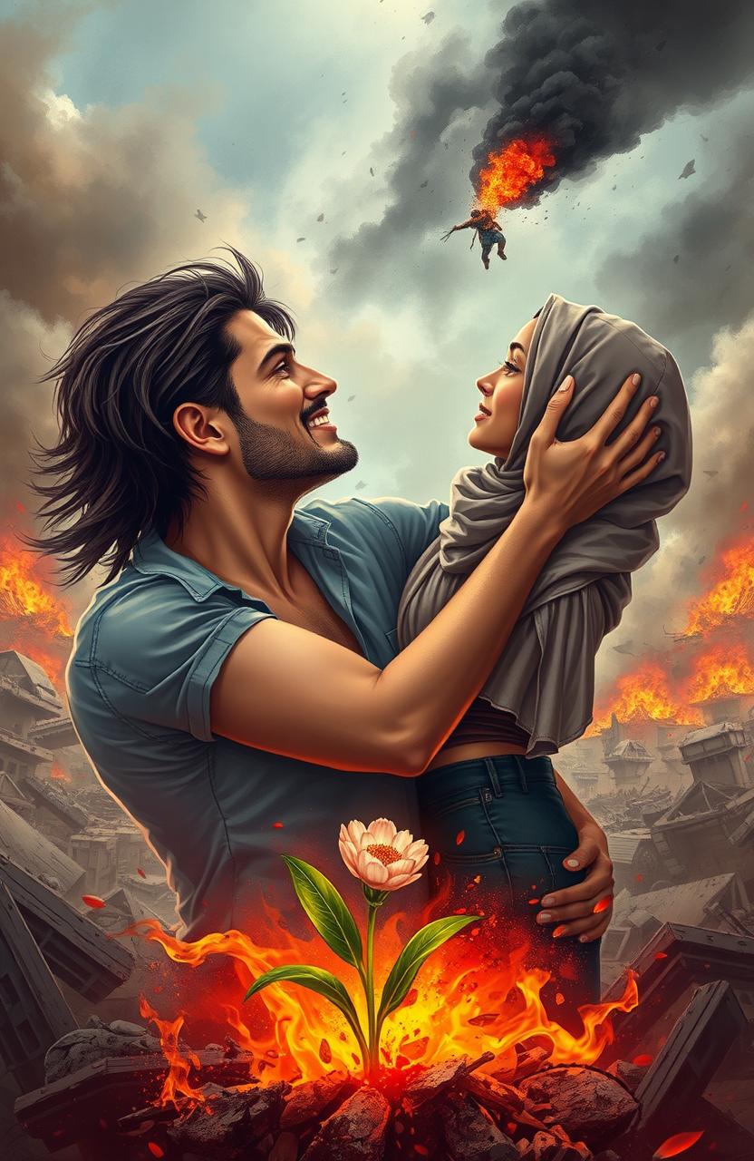 A passionate scene showcasing an American man and an Arab woman deeply in love amidst a backdrop of chaos and war