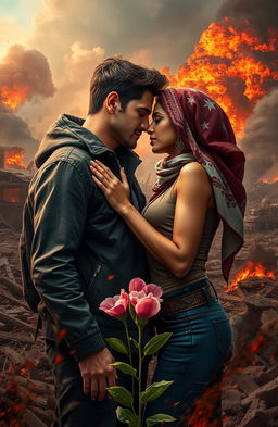 A passionate scene showcasing an American man and an Arab woman deeply in love amidst a backdrop of chaos and war