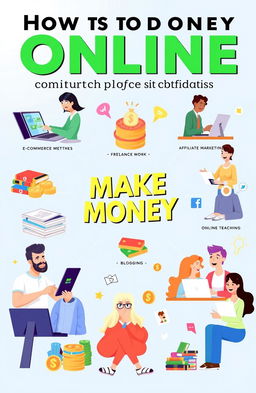 An informative illustration depicting multiple effective methods to make money online, such as e-commerce, freelance work, affiliate marketing, blogging, and online teaching