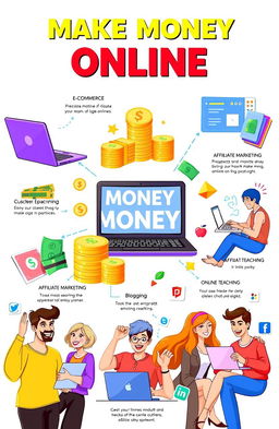 An informative illustration depicting multiple effective methods to make money online, such as e-commerce, freelance work, affiliate marketing, blogging, and online teaching