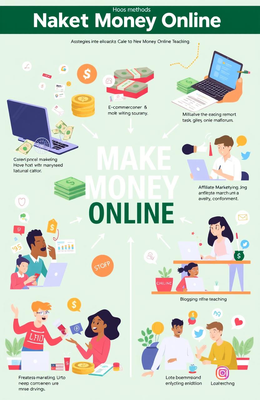 An informative illustration depicting multiple effective methods to make money online, such as e-commerce, freelance work, affiliate marketing, blogging, and online teaching