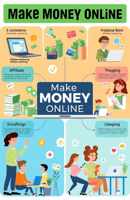 An informative illustration depicting multiple effective methods to make money online, such as e-commerce, freelance work, affiliate marketing, blogging, and online teaching