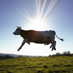 The same healthy cow now leaping elegantly over a radiant sun against a beautiful clear sky