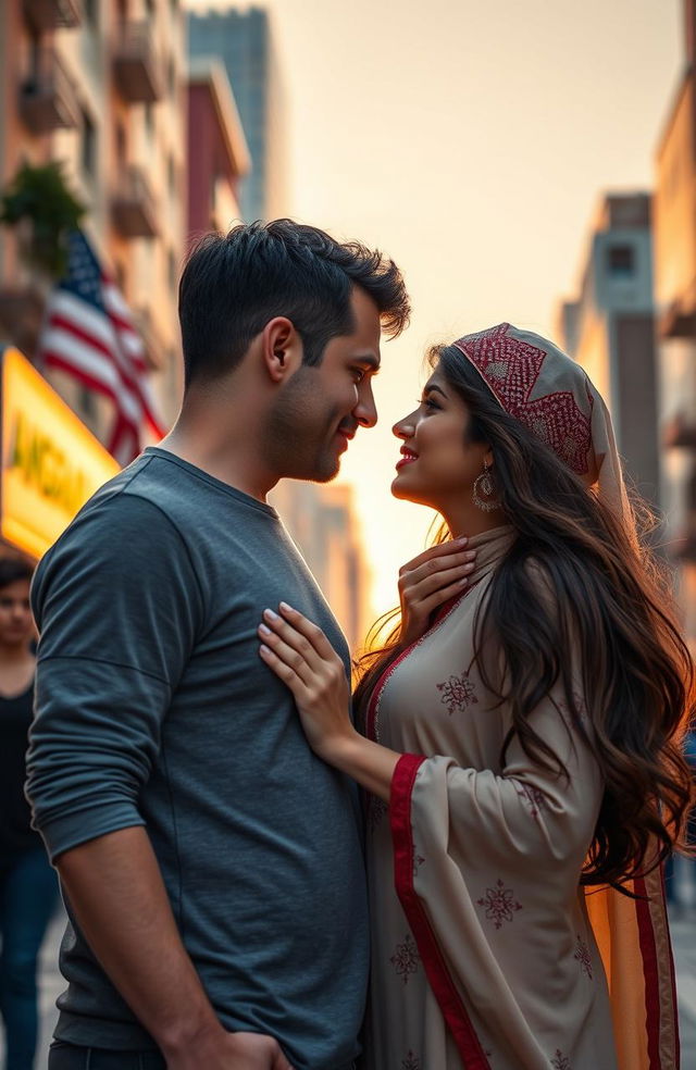 A heartfelt scene depicting an American man and an Arab woman passionately fighting for their love against cultural differences