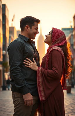 A heartfelt scene depicting an American man and an Arab woman passionately fighting for their love against cultural differences