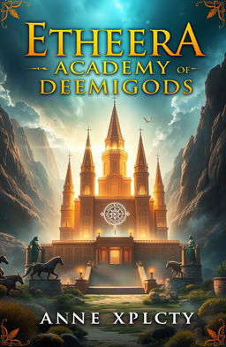 A captivating book cover design for 'Etherea Academy of Demigods' by Xmplcty