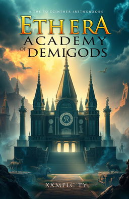 A captivating book cover design for 'Etherea Academy of Demigods' by Xmplcty