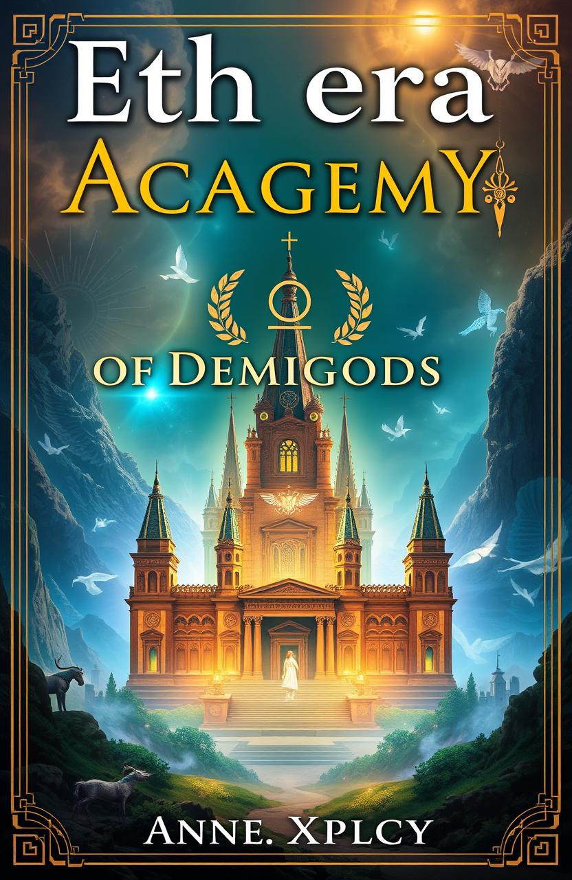 A captivating book cover design for 'Etherea Academy of Demigods' by Xmplcty