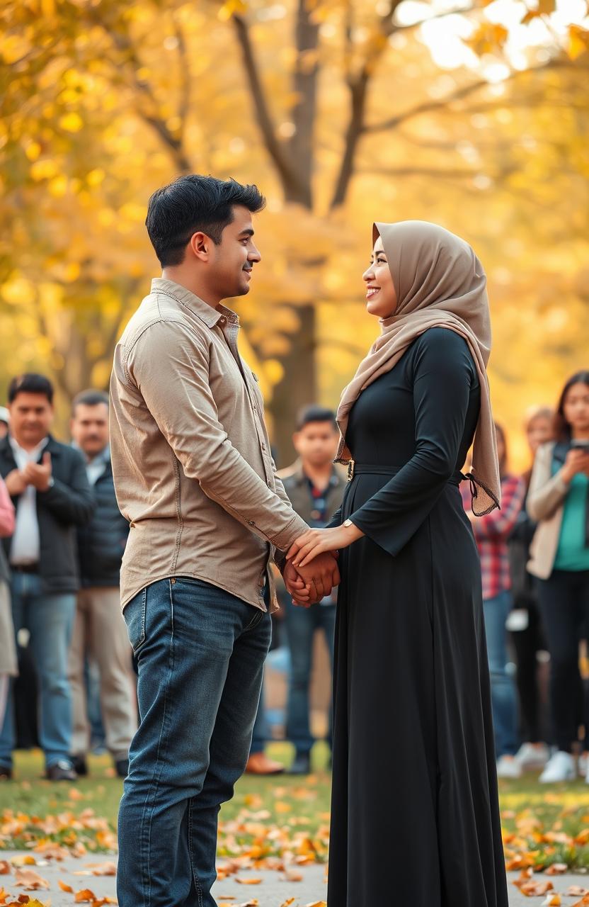 A romantic scene of an American man and a Muslim woman holding hands, with expressions of love and affection in their eyes