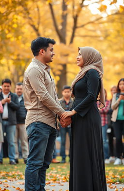 A romantic scene of an American man and a Muslim woman holding hands, with expressions of love and affection in their eyes