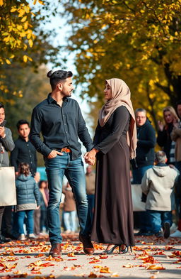 A romantic scene of an American man and a Muslim woman holding hands, with expressions of love and affection in their eyes