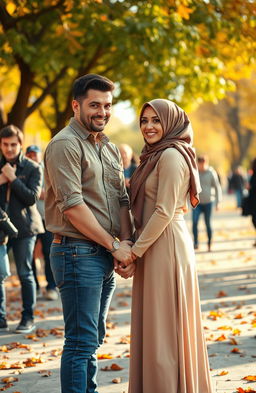 A romantic scene of an American man and a Muslim woman holding hands, with expressions of love and affection in their eyes