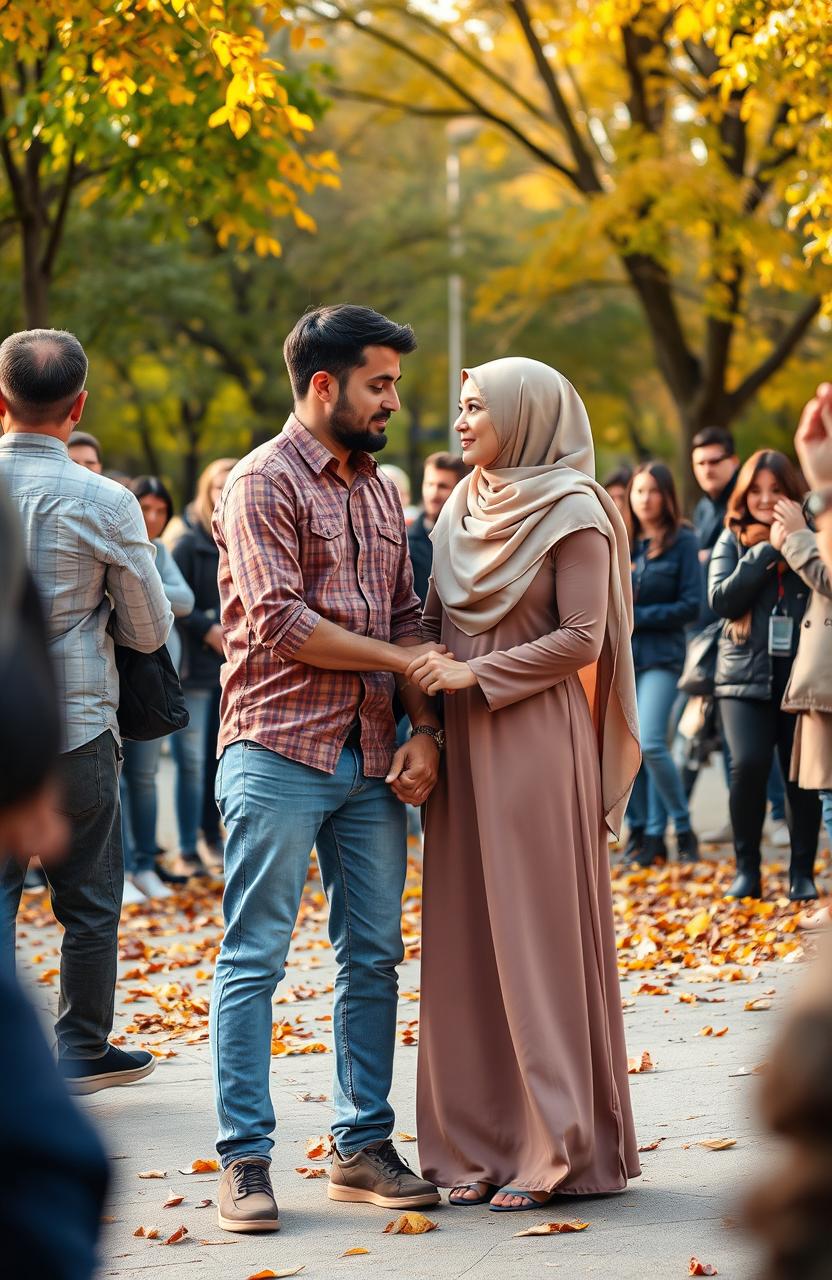 A romantic scene of an American man and a Muslim woman holding hands, with expressions of love and affection in their eyes