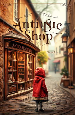 A captivating book cover design for 'Antique Shop' by Xmplcty, featuring an enchanting scene of a quaint antique shop nestled on a cobblestone street