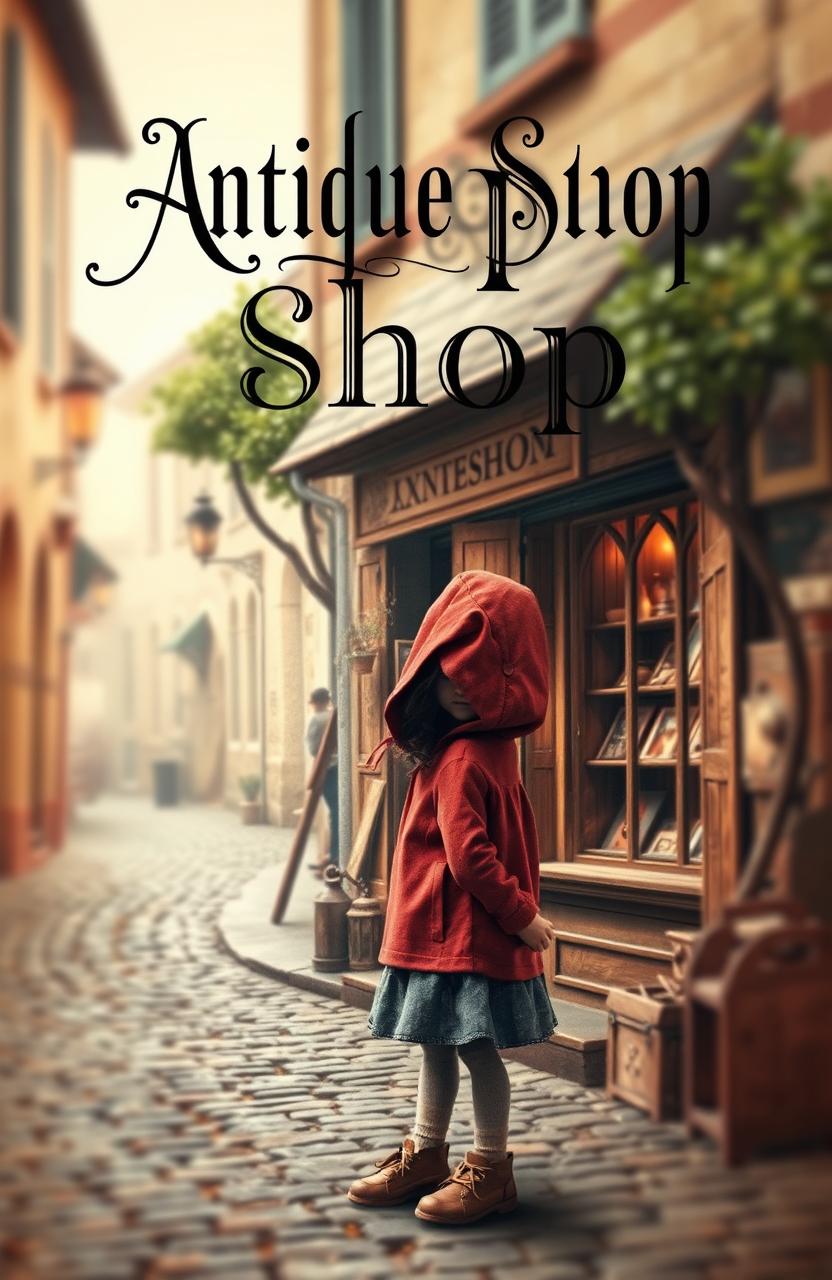 A captivating book cover design for 'Antique Shop' by Xmplcty, featuring an enchanting scene of a quaint antique shop nestled on a cobblestone street