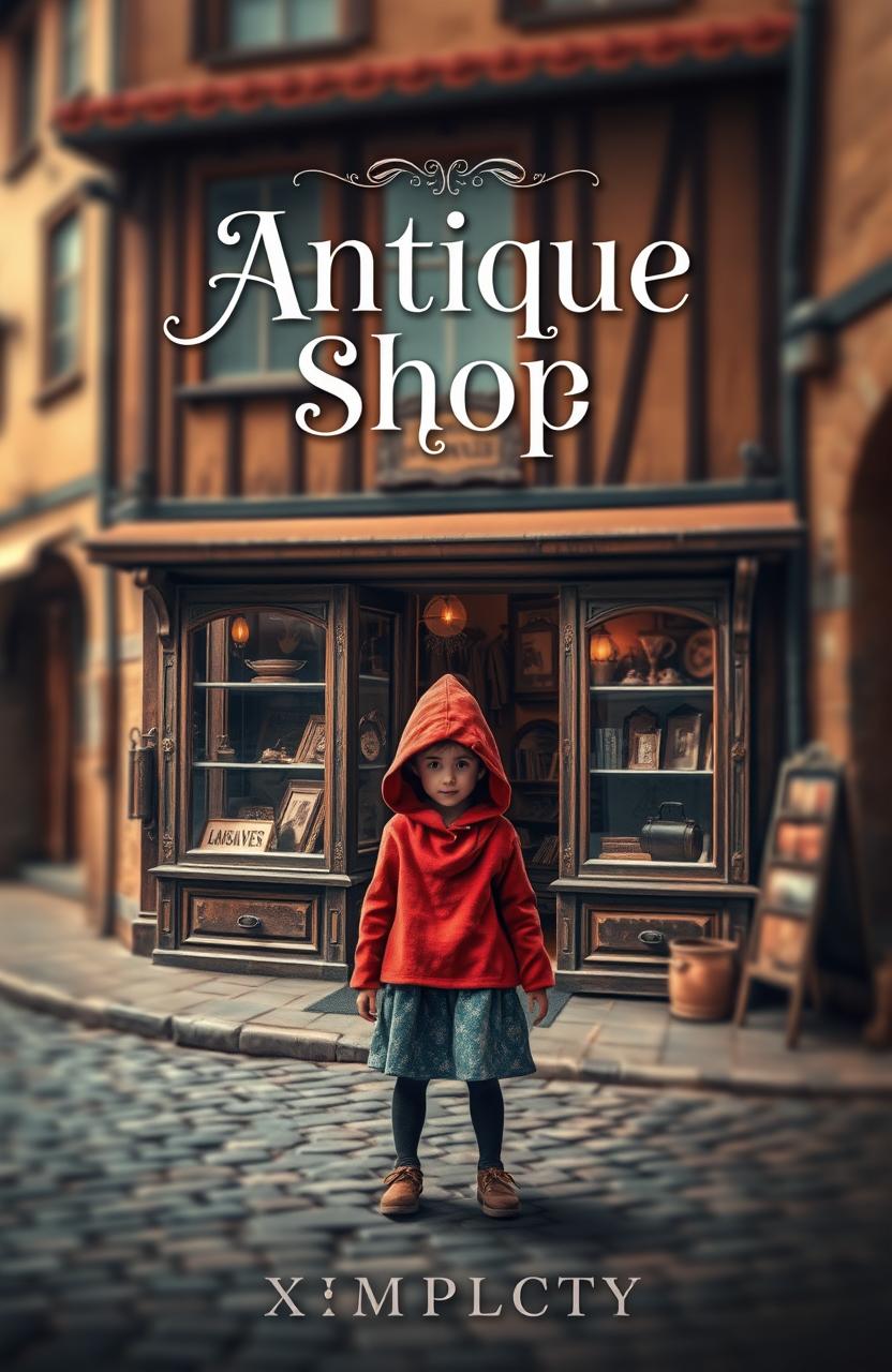 A captivating book cover design for 'Antique Shop' by Xmplcty, featuring an enchanting scene of a quaint antique shop nestled on a cobblestone street