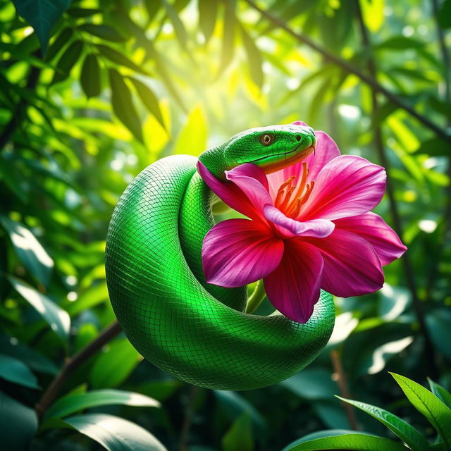 A vibrant green snake entwined around a blooming flower, the snake's scales reflecting light in a dazzling array of emerald hues